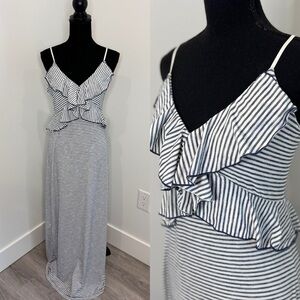 Max Studio Ruffle Detail Sleeveless White and Blue Stripe Maxi Dress